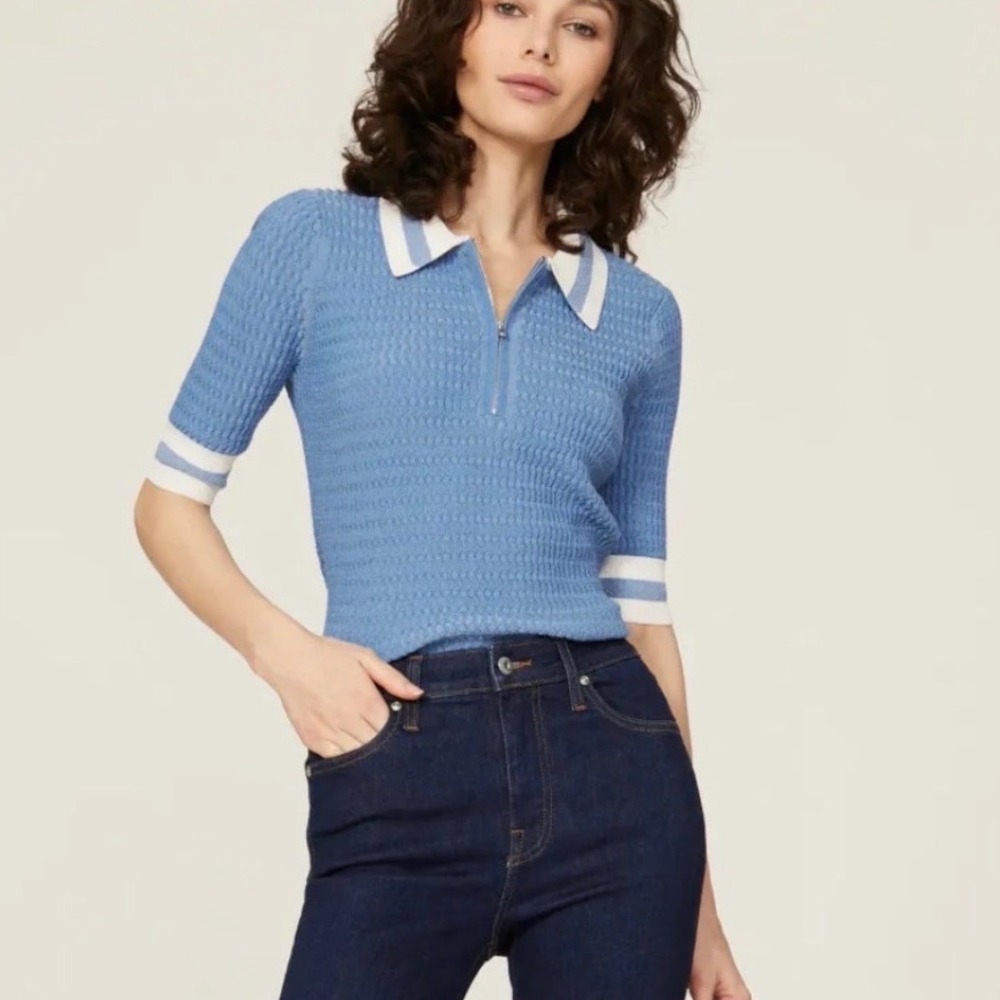 Veronica Beard Jorja Half-zip Polo Shirt In Light Blue Polo L Metallic Zip Knit